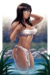  1girl avatar_(series) bandages blue_eyes breasts brown_hair cleavage collarbone dark_skin day hair_between_eyes iahfy korra looking_at_viewer medium_breasts medium_hair muscle muscular_female navel outdoors solo stomach teeth the_legend_of_korra wading water wet 