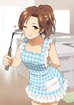  1girl ;q apron arm_behind_back bangs bare_arms bare_shoulders blush breasts brown_eyes brown_hair cleavage closed_mouth collarbone frilled_apron frills holding idolmaster idolmaster_cinderella_girls indoors kawashima_mizuki ladle mattaku_mousuke medium_breasts naked_apron one_eye_closed parted_bangs plaid plaid_apron ponytail smile solo tongue tongue_out wooden_floor 