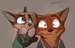  2020 anthro brown_background canid canine child clothed clothing disney duo fan_character fox fur green_eyes looking_at_viewer mammal nick_wilde orange_body orange_fur red_fox signature simple_background teeth xx-junglebeatz-xx yellow_body yellow_fur young zootopia 