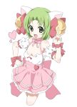  1girl animal_ears bow cat_ears cosplay dejiko di_gi_charat frills fujiwara_tatsuro green_eyes green_hair hair_bow heart open_mouth pink_bow pink_skirt ribbon short_hair skirt solo solo_focus usada_hikaru usada_hikaru_(cosplay) wrist_ribbon 