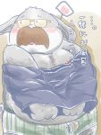  2020 3:4 anthro blush bulge clothing dain_4201 eyewear facial_hair glasses hi_res japanese_text kemono lagomorph leporid male mammal mustache overweight overweight_male rabbit shirt solo text topwear underwear undressing 