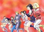  1980s_(style) armor blonde_hair blue_hair breast_grab breasts character_request cleavage dirty_pair dress gloves grabbing gundam kei_(dirty_pair) long_hair medium_hair midriff mobile_suit_gundam multiple_girls oldschool pantyhose red_hair rx92 sayla_mass short_hair smile sword weapon yuri_(dirty_pair) 