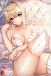  1girl ahoge bed blonde_hair bra braid breasts chiachun0621 cleavage fate/extra fate/extra_ccc fate_(series) french_braid green_eyes hair_intakes headboard highres indoors large_breasts looking_at_viewer nero_claudius_(bride)_(fate) nero_claudius_(fate)_(all) panties petals pillow rose_petals sitting smile solo thighhighs underwear 