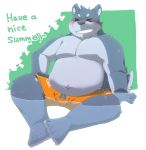  2020 anthro belly blush canid canine canis clothing domestic_dog english_text eyes_closed green_bell humanoid_hands inakamichi kemono male mammal overweight overweight_male sitting solo swimwear text water 