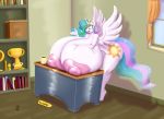  2020 absurd_res anthro areola award badgerben big_breasts blues64 breasts desk female friendship_is_magic furniture hi_res huge_breasts hyper hyper_breasts inside my_little_pony nipples princess_celestia_(mlp) solo trophy 