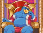  2020 absurd_res anthro avian bird blue_body blue_feathers blue_nipples bulge chair clenched_hands clothed clothing feathers furniture hat head_on_hand headgear headwear hi_res king_dedede kirby_(series) looking_at_viewer male nintendo nipples one_eye_closed overweight overweight_male partially_clothed penguin robe sebirb_(artist) sitting smile solo throne underwear video_games wink 