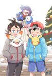  1girl 2boys bird black_hair black_pants blue_coat blue_eyes blue_shorts blush_stickers breath bunny christmas_tree closed_eyes coat cold commentary_request creature croagunk dark_skin dark_skinned_male dress episode_number gen_1_pokemon gen_4_pokemon gen_8_pokemon glasses gou_(pokemon) grey_coat grin hands_in_pockets highres hug inside_clothes jacket long_hair looking_at_another mei_(maysroom) misaki_(pokemon) multiple_boys number open_mouth pants penguin pikachu pink_jacket piplup pokemon pokemon_(anime) pokemon_(creature) pokemon_swsh_(anime) purple_hair red_scarf road satoshi_(pokemon) scarf scorbunny shorts signature smile snow starter_pokemon street tree trembling wavy_mouth white_dress winter_clothes winter_coat |d 