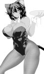  animal_humanoid big_breasts black_hair blush breasts cat_humanoid cleavage clothed clothing curvy_figure felid felid_humanoid feline feline_humanoid female fishnet fishnet_legwear greyscale hair hi_res holding_object holding_tray huge_breasts humanoid inner_ear_fluff legwear looking_at_viewer mammal mammal_humanoid monochrome one-piece_swimsuit pekoneko shirt_collar shirt_cuffs simple_background skimpy solo standing suzunaki_(pekoneko) swimwear tight_clothing tuft voluptuous waiter white_background wide_hips 