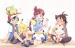  1girl 2boys :d baseball_cap black_hair black_pants blue_jacket blue_shorts blush braid braided_ponytail brown_eyes bunny closed_eyes commentary_request creature crying dog dress fangs flower gen_1_pokemon gen_8_pokemon gou_(pokemon) green_eyes grey_shirt grin grookey hair_flower hair_ornament hand_on_floor hat highres holding holding_pokemon holding_stick indian_style jacket kneeling long_hair looking_at_another mei_(maysroom) monkey multiple_boys on_floor on_head on_lap one_eye_closed open_mouth pants pikachu pokemon pokemon_(anime) pokemon_(creature) pokemon_on_arm pokemon_on_head pokemon_on_lap pokemon_swsh_(anime) polka_dot polka_dot_background sakuragi_koharu satoshi_(pokemon) scorbunny shirt shorts single_braid sitting sitting_on_floor sitting_on_lap sitting_on_person smile sobble starter_pokemon starter_pokemon_trio stick sweatdrop tears tongue tongue_out wavy_mouth white_background white_dress white_shirt yamper 