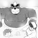  1:1 2020 anthro ashigara bathing belly blush eyes_closed group human kemono male mammal monochrome moobs mtmnkmn nipples overweight overweight_male sitting tokyo_afterschool_summoners towel ursid video_games water 