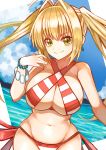  1girl absurdres ahoge bangs bare_shoulders bikini blonde_hair blue_sky bracelet breasts closed_mouth cloud criss-cross_halter day earrings fate/grand_order fate_(series) fingernails green_eyes groin hair_intakes halterneck hand_up highres imuzi jewelry large_breasts long_hair navel nero_claudius_(fate)_(all) nero_claudius_(swimsuit_caster)_(fate) ocean outdoors sky smile solo striped striped_bikini swimsuit twintails very_long_hair water 