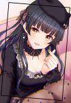  1girl :d animal_print bangs beret black_hair black_headwear black_shirt blunt_bangs blurry blurry_background blush bow breasts brown_bow brown_eyes brown_legwear brown_nails cleavage couch depth_of_field earrings eyebrows_visible_through_hair hair_bow hand_up hat heart heart_earrings idolmaster idolmaster_shiny_colors jewelry leopard_print looking_at_viewer mayuzumi_fuyuko medium_breasts nail_polish open_mouth pantyhose polka_dot polka_dot_legwear print_bow self_shot shirt smile solo tobade_(tbdfactory) 