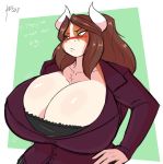  abby_(jwinkz) anthro big_breasts blush bovid bovine breasts cattle cleavage clothed clothing dialogue hair hi_res huge_breasts jwinkz male mammal solo 