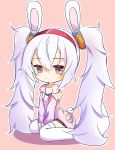  1girl absurdres animal_ears azur_lane bangs between_legs bunny_ears camisole chibi closed_mouth collarbone commentary_request eyebrows_visible_through_hair fake_animal_ears full_body hair_between_eyes hair_ornament hairband hand_between_legs highres jacket laffey_(azur_lane) long_hair long_sleeves looking_at_viewer off-shoulder_jacket open_clothes open_jacket outline pink_background pink_jacket pleated_skirt poppypilf purple_eyes red_hairband red_skirt shadow sidelocks simple_background single_bare_shoulder sitting skirt solo thighhighs twintails very_long_hair wariza white_camisole white_hair white_legwear 
