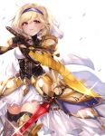  1girl 40_(0f0urw) absurdres armor black_gloves blonde_hair blush chrysaor_(granblue_fantasy) djeeta_(granblue_fantasy) dual_wielding gloves granblue_fantasy headband highres holding holding_sword holding_weapon open_mouth pauldrons short_hair shoulder_armor smile solo sword thighhighs weapon white_background yellow_eyes 