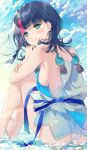  1girl ass black_hair blue_eyes blue_sky blush breasts cloud fate/grand_order fate/requiem fate_(series) from_side highres knees_to_chest kuroki_(ma-na-tu) looking_at_viewer medium_breasts multicolored_hair partially_submerged sideboob sky smile solo streaked_hair utsumi_erise water 