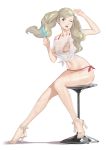  1girl bar_stool bikini bikini_under_clothes blonde_hair commentary commission food happy highres j@ck long_hair one_eye_closed persona persona_5 popsicle see-through shirt stool swimsuit swimsuit_under_clothes takamaki_anne twintails wet wet_clothes wet_shirt 