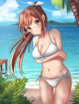  1girl beach bikini blue_sky breasts brown_eyes brown_hair cleavage cloud commentary_request cowboy_shot day front-tie_top groin guri_(gri1211) highres horizon island leaning_to_the_side long_hair medium_breasts ocean original outdoors palm_tree pier ponytail side-tie_bikini sky solo standing swimsuit tree water white_bikini 