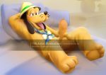  absurd_res armor balls bedroom_eyes bone canid canine canis clothing costume disney disney_parks domestic_dog fur fursuit genitals headgear helmet hi_res male mammal mascot masturbation mokolat narrowed_eyes paws penis pith_helmet pluto_(disney) seductive solo 