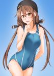  1girl anti_(untea9) arm_behind_back black_bow black_headwear blue_background blue_swimsuit bow breasts brown_eyes brown_hair collarbone competition_swimsuit covered_navel cowboy_shot hair_bow hand_to_own_mouth highres kantai_collection long_hair low_twintails medium_breasts one-piece_swimsuit solo standing star_(symbol) swim_cap swimsuit tashkent_(kantai_collection) twintails 