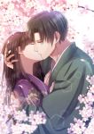  1boy 1girl black_hair brown_hair cherry_blossoms closed_eyes day facing_another floral_print green_kimono hand_on_another&#039;s_chest hetero hug izumi_(stardustalone) japanese_clothes kimono kiss long_hair outdoors purple_kimono renri_no_chigiri_wo_kimi_to_shiru standing 