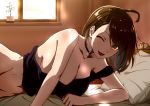  1girl ;d ahoge arm_support azur_lane baltimore_(azur_lane) bangs bare_shoulders bed black_choker black_tank_top blush bottomless braid breasts brown_hair choker cleavage collarbone commentary eyebrows_visible_through_hair french_braid groin hair_between_eyes indoors jewelry kiuda_shinjou large_breasts light_rays looking_at_viewer lying manjuu_(azur_lane) morning navel on_bed on_side one_eye_closed open_mouth out-of-frame_censoring pillow plant potted_plant ring shadow short_hair sidelocks smile solo_focus strap_slip sunbeam sunlight tank_top upper_body wall wedding_ring window yellow_eyes 