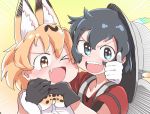  2girls animal_ears backpack bag baka-man black_eyes black_hair blonde_hair bow bowtie gloves hair_between_eyes hat hat_feather helmet kaban_(kemono_friends) kemono_friends multiple_girls open_mouth pith_helmet red_shirt serval_(kemono_friends) serval_ears serval_print shirt short_hair sleeveless smile thumbs_up wavy_hair 