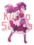  1girl black_legwear boots character_name detached_sleeves dress food food_in_mouth hand_on_hip highres knee_boots long_hair looking_at_viewer magical_girl mahou_shoujo_madoka_magica paru_rari pocky ponytail red_dress red_eyes red_footwear red_hair sakura_kyouko sleeveless solo thighhighs 