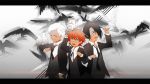  1girl 2boys ahoge animal animal_on_arm animal_on_head arm_up bangs bird bird_on_arm bird_on_head black_hair black_jacket black_neckwear black_suit blue_eyes blush closed_mouth collar collared_shirt emma_(yakusoku_no_neverland) facing_viewer flying formal green_eyes grey_background grey_eyes grey_skirt grey_vest hair_between_eyes hair_over_one_eye jacket long_sleeves looking_at_viewer looking_up multiple_boys neck_tattoo necktie no.18 norman_(yakusoku_no_neverland) number_tattoo on_head open_mouth orange_hair pants ray_(yakusoku_no_neverland) shirt short_hair simple_background skirt smile standing suit tattoo teeth upper_body vest white_bird white_hair white_shirt yakusoku_no_neverland 