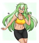  1girl black_shorts blush bra breasts cleavage collarbone commission eyebrows green_eyes green_hair grin highres large_breasts long_hair looking_at_viewer multicolored_hair navel original parted_lips shorts smile solo sports_bra taggo tan teeth underwear very_long_hair yellow_bra 