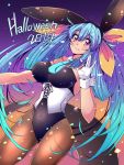  animal_ears blue_hair blush bow bowtie breasts bunny_ears bunny_girl bunnysuit dizzy_(guilty_gear) english_text gloves guilty_gear guilty_gear_xrd hair_between_eyes hair_ribbon halloween halloween_costume iguana_henshuu-chou large_breasts long_hair navel red_eyes ribbon tail thighhighs twintails yellow_ribbon 