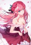  1girl bare_shoulders bison_cangshu black_ribbon blue_eyes blurry blurry_background breasts cleavage commentary_request depth_of_field dress flower frilled_dress frills go-toubun_no_hanayome hair_flower hair_ornament hair_ribbon highres long_hair looking_at_viewer medium_breasts nakano_nino off-shoulder_dress off_shoulder parted_lips petals red_dress red_flower red_hair red_rose ribbon rose skirt_hold solo very_long_hair 
