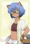  2020 anthro ball baseball_(ball) baseball_glove baseball_uniform blue_body blue_fur blue_hair brand_new_animal breasts brown_body brown_fur canid canine clothed clothing female fluffy fluffy_tail fur hair hi_res holding_object jacket kemono looking_at_viewer mammal michiru_kagemori navel portrait raccoon_dog smile sportswear studio_trigger tanuki teal_eyes three-quarter_portrait topwear uniform 