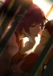  1boy 1girl after_kiss araragi_koyomi backlighting bangs black_hair blue_eyes blurry blurry_foreground chromatic_aberration close-up collared_shirt commentary_request depth_of_field dutch_angle eyebrows_visible_through_hair eyelashes film_grain hair_over_eyes hand_on_another&#039;s_face highres lens_flare mask mask_pull monogatari_(series) mouth_mask pink_shirt purple_hair saliva saliva_trail school_uniform senjougahara_hitagi shadow shirt short_hair sidelocks sleeve_cuffs sunlight surgical_mask tongue tongue_out upper_body 