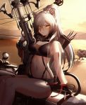  1girl absurdres animal animal_ear_fluff animal_ears arknights arrow_(projectile) backlighting bird black_gloves black_shirt black_shorts bow_(weapon) breasts cat_ears cat_girl cat_tail cleavage commentary covered_nipples crop_top crossbow eyebrows_visible_through_hair eyes_visible_through_hair feet_out_of_frame finger_on_trigger fingerless_gloves gloves hair_over_one_eye hand_up highres holding holding_bow_(weapon) holding_weapon jacket large_breasts long_hair micro_shorts midriff navel open_clothes open_jacket outdoors quiver scarf schwarz_(arknights) see-through shirt shorts silver_hair sitting sleeveless sleeveless_shirt solo stomach strap sunlight sunset tail thigh_strap thighs transparent_jacket v-shaped_eyebrows verena weapon yellow_eyes 