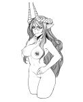  1girl absurdres blush breasts collarbone cowboy_shot hair_between_eyes highres horns large_breasts less long_hair monochrome navel nipples nude original pointy_ears pussy solo white_background 