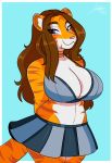  anthro bottomwear breasts cleavage clothed clothing felid female hair hi_res jwinkz mammal pantherine skirt smile solo tiger 