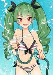  1girl anchovy_(girls_und_panzer) bikini blue_background breasts cleavage commentary drill_hair girls_und_panzer green_hair hair_ribbon hose italian_flag_bikini long_hair looking_at_viewer nakasone_haiji navel open_mouth red_eyes ribbon solo swimsuit twin_drills twintails water 