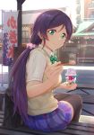  1girl aqua_eyes architecture bangs bench black_legwear breasts checkered checkered_skirt closed_mouth collared_shirt commentary east_asian_architecture eyebrows_visible_through_hair green_eyes highres holding holding_spoon kanda_shrine large_breasts long_hair looking_at_viewer love_live! love_live!_school_idol_project low_twintails outdoors parted_bangs pink_scrunchie purple_hair school_uniform scrunchie shamakho shaved_ice shirt sitting skirt smile spoon thighhighs toujou_nozomi twintails vest white_shirt yellow_vest 