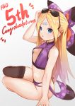  1girl abigail_williams_(fate/grand_order) absurdres alternate_costume bandaid_on_forehead bangs bare_arms bare_shoulders black_bow black_legwear blonde_hair blue_eyes bow breasts character_request collarbone commentary_request eyebrows_visible_through_hair eyewear_on_head fate/grand_order fate_(series) gradient gradient_background grey_background hair_bow highres large_bow long_hair looking_at_viewer multicolored_bow navel number orange_bow panties parted_bangs piliheros2000 purple_bow purple_panties purple_shirt shirt simple_background single_thighhigh sitting small_breasts solo sunglasses thighhighs underwear white_background 