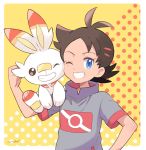  1boy black_hair blue_eyes dark_skin dark_skinned_male gen_8_pokemon gou_(pokemon) grin mei_(maysroom) one_eye_closed orange_background pokemon pokemon_(anime) pokemon_(creature) pokemon_swsh_(anime) polka_dot polka_dot_background scorbunny smile spiked_hair tagme 