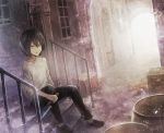  1boy angel31424 barrel black_hair black_pants blue_eyes child collarbone highres knife levi_(shingeki_no_kyojin) looking_at_viewer male_focus medium_hair pants shingeki_no_kyojin shirt sitting solo stairs weapon younger 