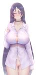  1girl blush breasts censored choker cleavage earrings fate/grand_order fate_(series) groin heart heart_censor highres jewelry large_breasts long_hair minamoto_no_raikou_(fate/grand_order) naked_shirt nikuku_(kazedesune) purple_eyes purple_hair pussy shirt simple_background sleeveless smile solo white_background 