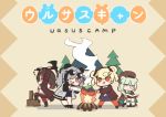  4girls :q :| animal_ears arknights axe bamboo bangs bear_ears bent_over beret blue_eyes blunt_bangs book braid brown_coat brown_hair brown_headwear brown_jacket campfire chibi closed_mouth coat cooking drooling expressionless eyewear_on_head feater_(arknights) frying_pan grey_hair gummy_(arknights) hair_ornament hair_over_one_eye hairclip hat holding holding_axe istina_(arknights) jacket jitome log long_hair looking_at_another monocle multicolored_hair multiple_girls orange_legwear pantyhose parody phandit_thirathon plate pleated_skirt reading red_hair sitting skirt smoke socks star_(symbol) star_hair_ornament stool streaked_hair sunglasses swept_bangs tongue tongue_out tree white_jacket white_legwear yurucamp zima_(arknights) 