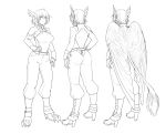  1girl absurdres back back_cutout belt boots braid breasts caramel_(less) facing_viewer feathers full_body griffon_(monster_girl_encyclopedia) high_heel_boots high_heels highres large_breasts less looking_at_viewer monochrome monster_girl multiple_views original pants shirt short_hair solo tail tail_cutout white_background wings 