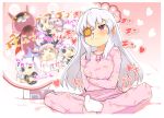  :3 blood blush breasts bunny chibi crossed_arms crossed_legs english_text eyepatch flower flower_(symbol) heart hibari_(senran_kagura) large_breasts long_hair nosebleed official_art pajamas pink_background pink_pajamas red_eyes red_scarf running scarf senran_kagura simple_background snot socks sweatdrop tears thought_bubble thumbs_up tissue waifu2x white_flower white_hair white_legwear yaegashi_nan yagyuu_(senran_kagura) 