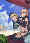  5girls ahoge artoria_pendragon_(all) asymmetrical_gloves bangs baseball_cap beach beach_umbrella bikini black_bikini black_bow black_gloves black_legwear black_scarf blonde_hair blue_eyes blue_headwear blue_jacket blue_sky bow bowl breasts chacha_(fate/grand_order) chibi cropped_jacket drooling eating elbow_gloves fate/grand_order fate_(series) food fruit gloves grey_eyes hair_between_eyes hair_bow hair_through_headwear hat highleg highleg_bikini highres hiro_(hirohiro_gorira) jacket katana koha-ace long_hair looking_at_viewer multi-strapped_bikini multiple_girls mysterious_heroine_xx_(foreigner) navel ocean oda_nobunaga_(fate) oda_nobunaga_(fate)_(all) okita_souji_(alter)_(fate) okita_souji_(fate)_(all) okita_souji_(swimsuit_assassin)_(fate) open_mouth ponytail sand_castle sand_sculpture scarf short_hair shovel shrug_(clothing) sitting sky sparkling_eyes spoon swimsuit sword thigh_strap thighhighs thighs twinmyniad umbrella wariza watermelon weapon white_bikini 