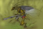  2015 5_fingers ambiguous_gender animal_humanoid antennae_(anatomy) armor arthropod arthropod_abdomen arthropod_humanoid bionicle biped bitil digital_drawing_(artwork) digital_media_(artwork) fingers gun holding_gun holding_object holding_weapon humanoid hymenopteran insect insect_humanoid insect_wings just-rube lego lepidopteran log machine makuta mandibles not_furry orange_eyes outside ranged_weapon rifle robot rube simple_background sniper_rifle solo standing stinger stinger_(anatomy) traditional_media_(artwork) weapon wings wood 