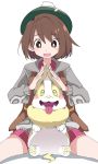  1girl brown_eyes brown_hair cardigan green_headwear grey_cardigan ixy looking_at_viewer open_mouth pokemon pokemon_(creature) pokemon_(game) pokemon_swsh short_hair simple_background sitting smile tam_o&#039;_shanter white_background yuuki_(pokemon) 