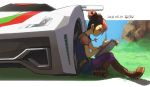  1girl autobot brown_hair car dated double_bun drawing english_commentary grass ground_vehicle looking_down miko_nakadai motor_vehicle oimobugs sitting transformers transformers_prime wheeljack 